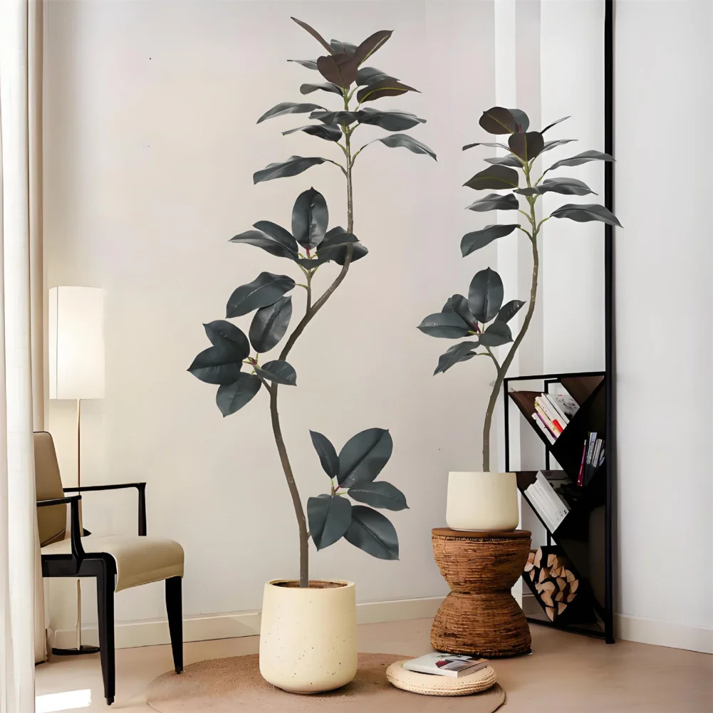 2pcs Large Artificial Rubber Tree Realistic Rubber Tree With Lifelike Leaves And Pot, Faux Plants For Living Room Bedroom Office