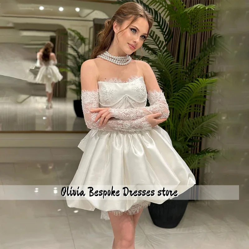 White Lace Long Sleeve Bridal Mini Dress Off Shoulder Pearl Corset Satin Bubble Skirt Civil Wedding Party Gown Customized