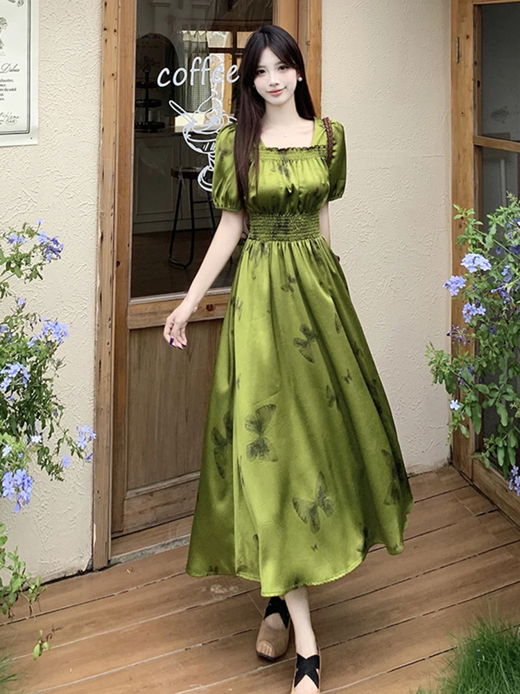 

Нежная длинная юбка с короткими рукавами в стиле ретро, зеленая юбка трапециевидной формы с квадратным воротником и принтом бабочки, модное платье с завязкой на талии, новинка