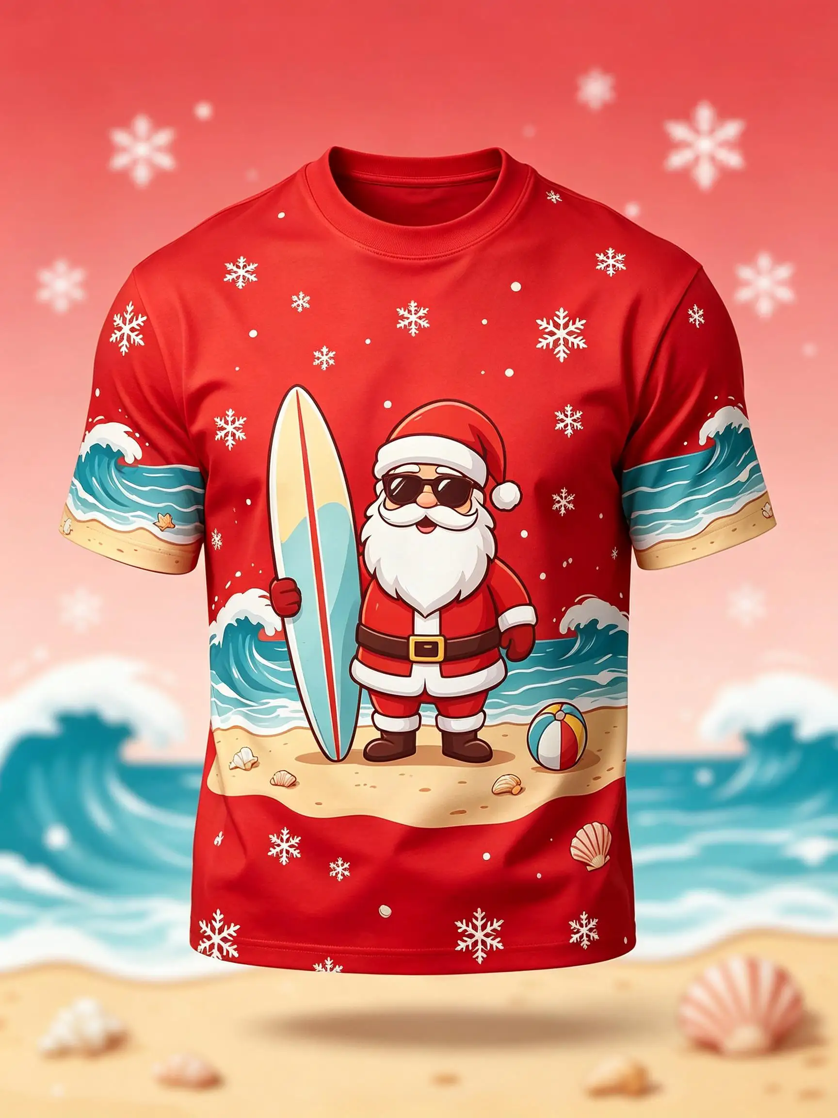 Summer Christmas Men T Shirt Santa With Surfboard Ocean Wave Snowflake Graphic Casual Short Sleeve Top
