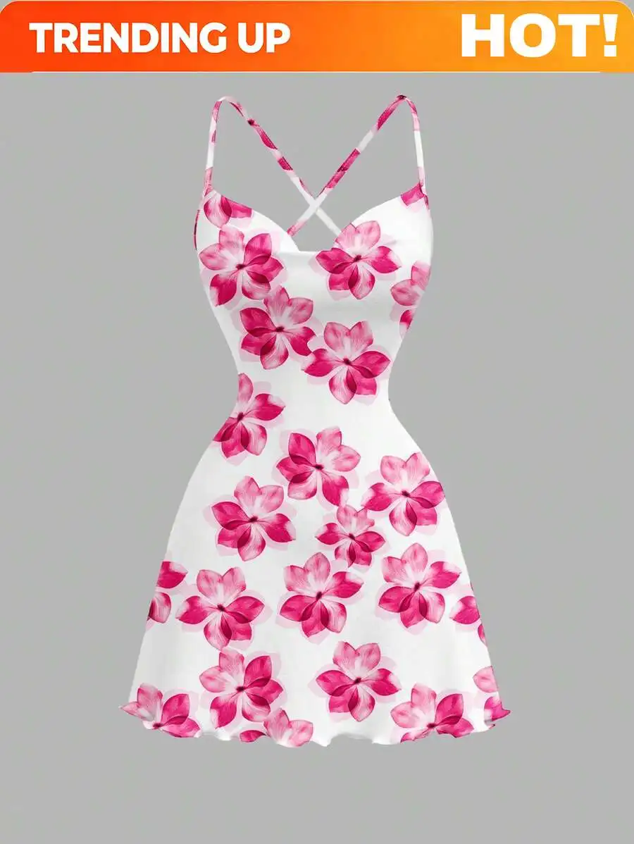 Women's Casual Floral Print Knit Mini Dress, Crisscross Thin Straps, Lettuce Hem Detail, Stylish Going-Out Style