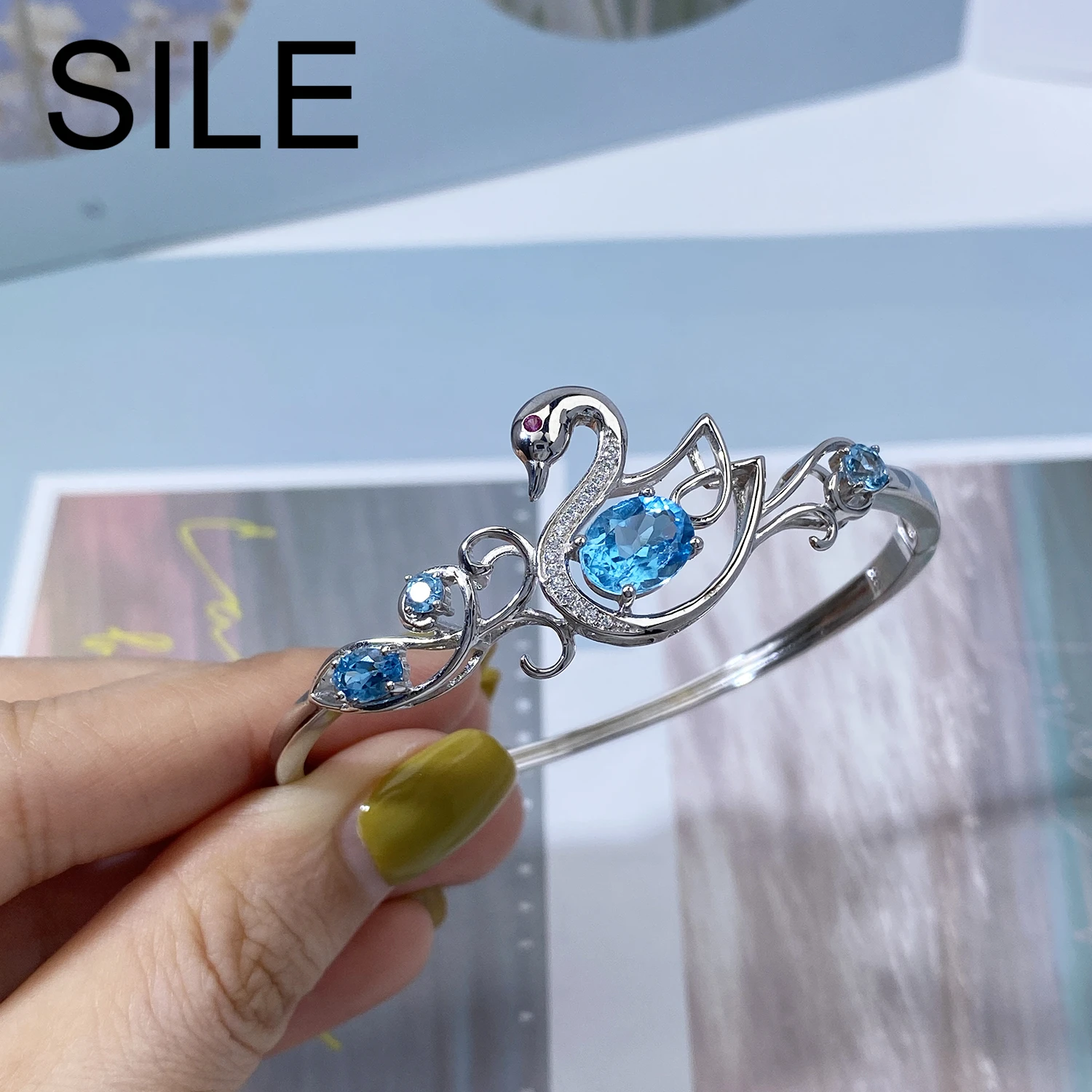 

SILE Fashion Swan Natural Blue Topaz Bangles Women 925 Sterling Silver Luxury Bracelets Women Bangle Wedding Engagement Jewelry