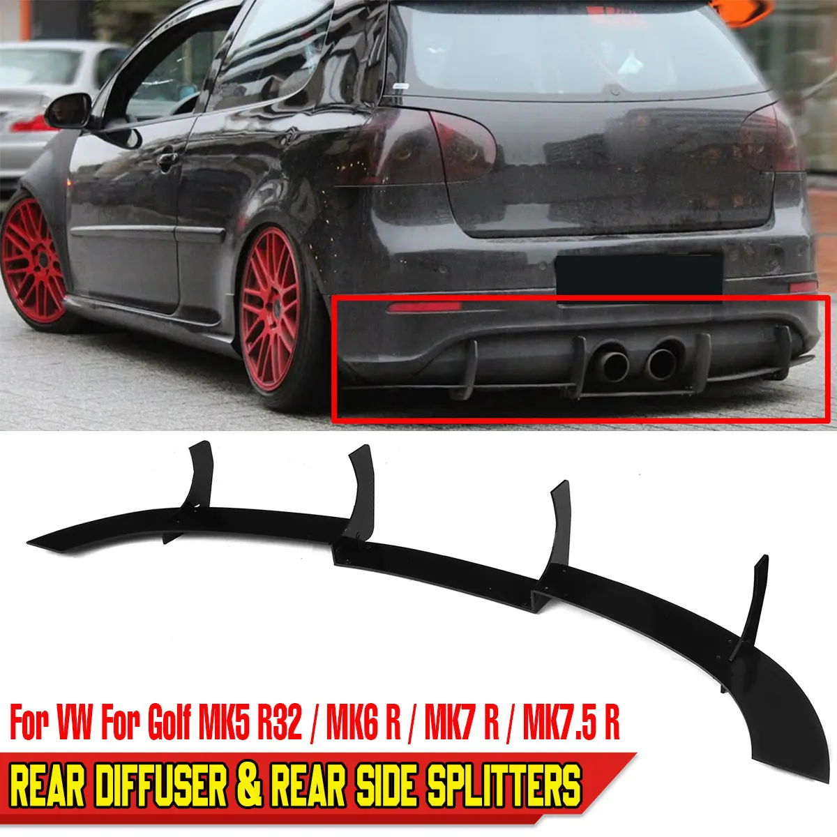 

Balck R32 Car Rear Diffuser Lip & Rear Side Splitters For VW For Golf MK5 R32 2005-2009 ABS Car Rear Bumper Lip Diffuser