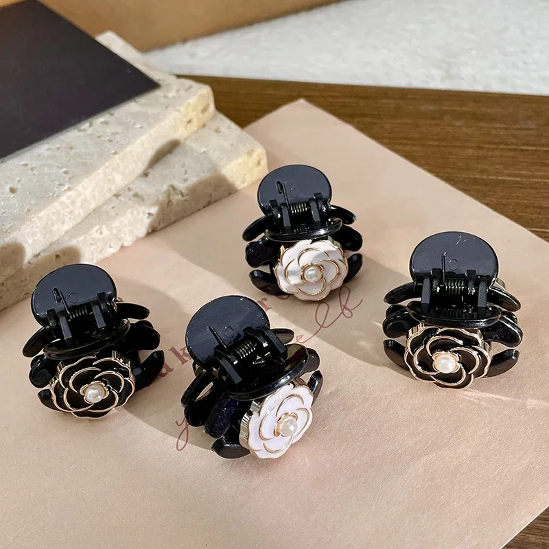 Heallor Black Flower Mini Hair Claws Elegant Temperament Camellia Hair Clip Princess Side Clip Women Girls Fashion Bangs Clips