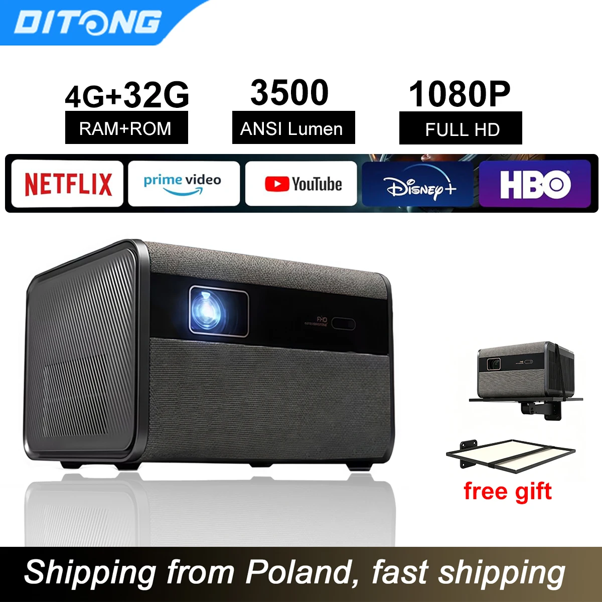 Proiettore DITONG J10 Nativo 1080P con Supporto 4K, Auto Focus, 3500 ANSI, WiFi 6, Bluetooth 5.4, Android Smart per Home Theater e Cinema all'Aperto