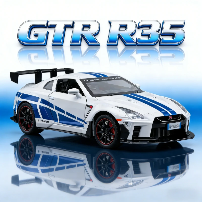 

Модель спортивного автомобиля 1:22 GTR R35, имитация, литая под давлением, со звуком и светом, классический коллекционный предмет, подарок на день рождения, игрушка