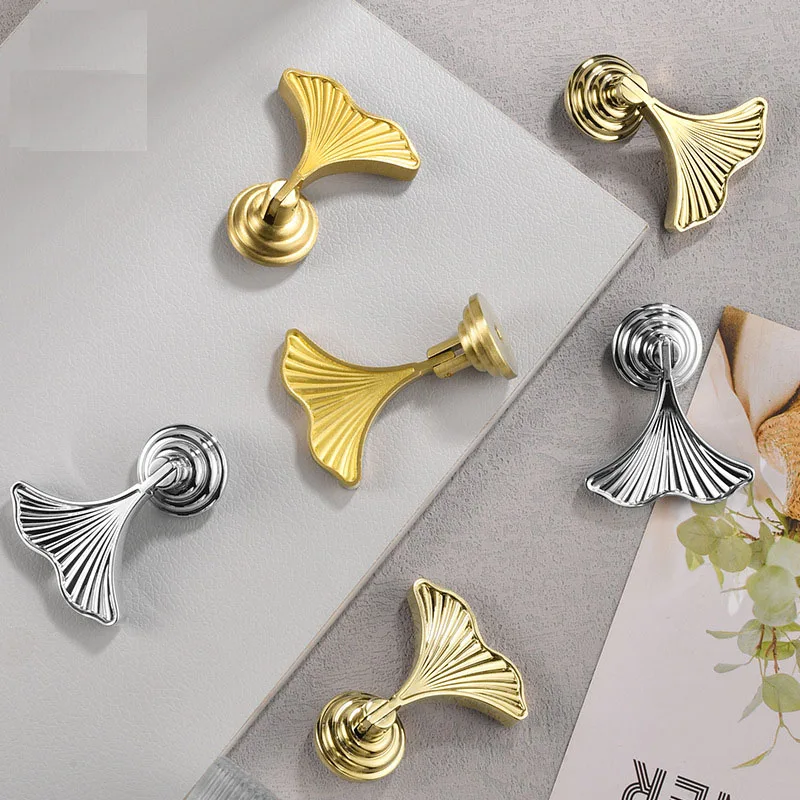 Apricot Leaf Handle Light Luxury Brass Wardrobe Door Handle Simple Drawer Fish Tail Creative Single Hole Copper Handle