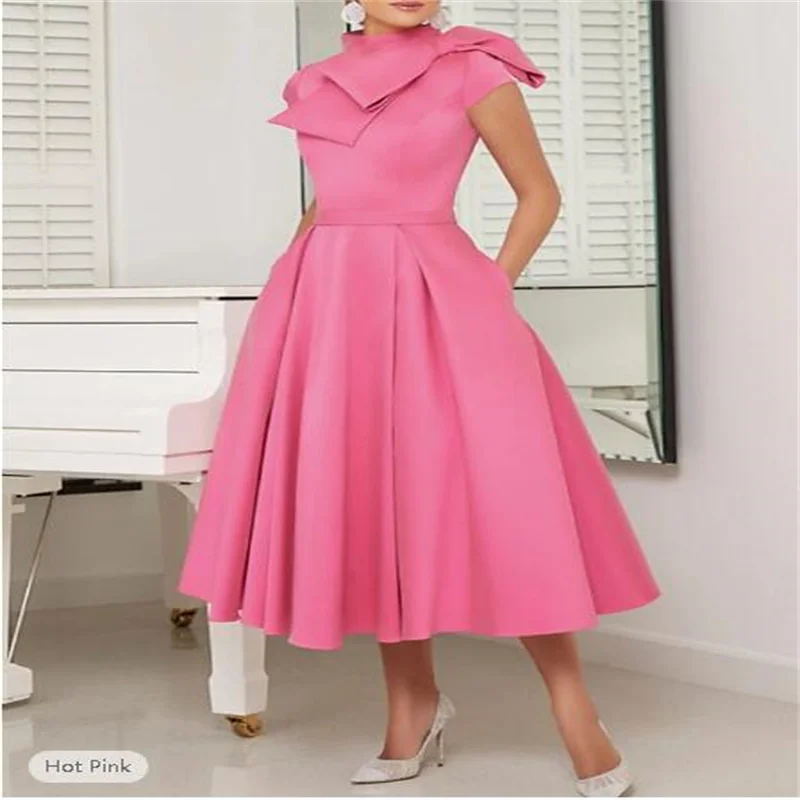 

A-Line Mother of the Bride Dress Wedding Guest Elegant Vintage High Neck Tea Length Satin Short Sleeve with Sash / Ribbon Bow(s)