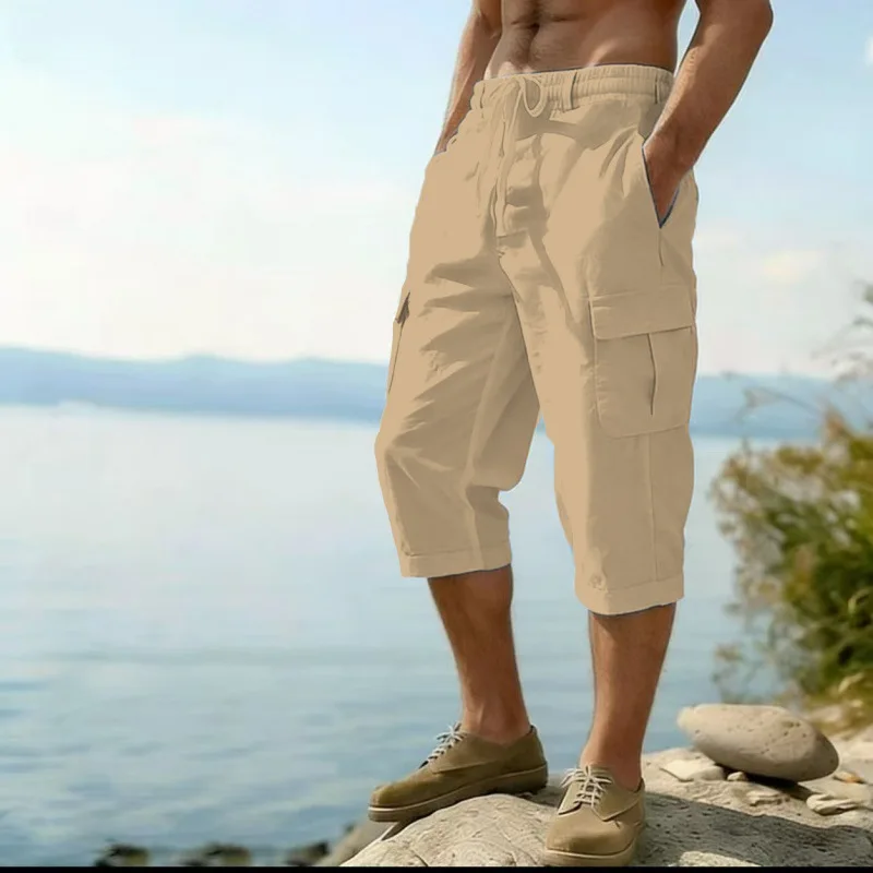 Herren Cargo-Caprihose mit mehreren Taschen, Kordelzug, elastischem Bund, locker geschnitten, lässige 3/4-Länge Hose – Detail 4