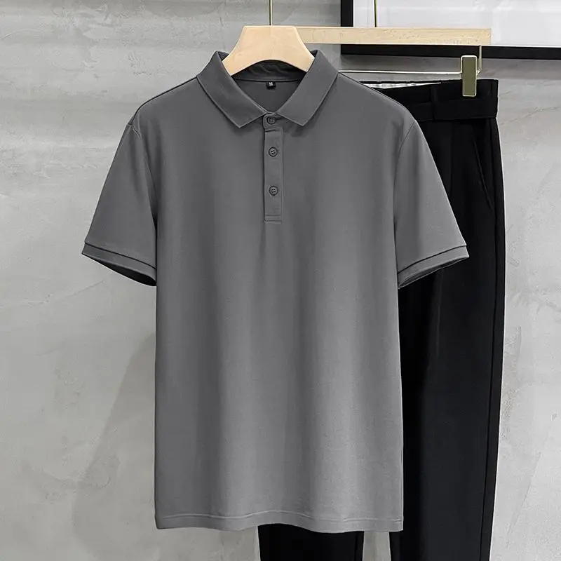 High Quality Ice Silk Solid Color Polo Shirt Men\'s Summer Thin Lapel Top Breathable T-shirt Short Sleeved Shirt Streetwear