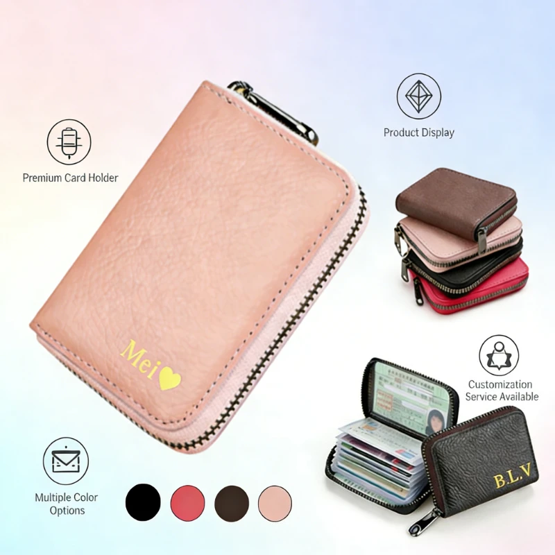 Tarjetero Personalizado con Iniciales para 20 Tarjetas, Cartera para Tarjetas de Crédito/Bancarias/Identificación con Nombre Personalizado, Organizador de Tarjetas para Uso Diario
