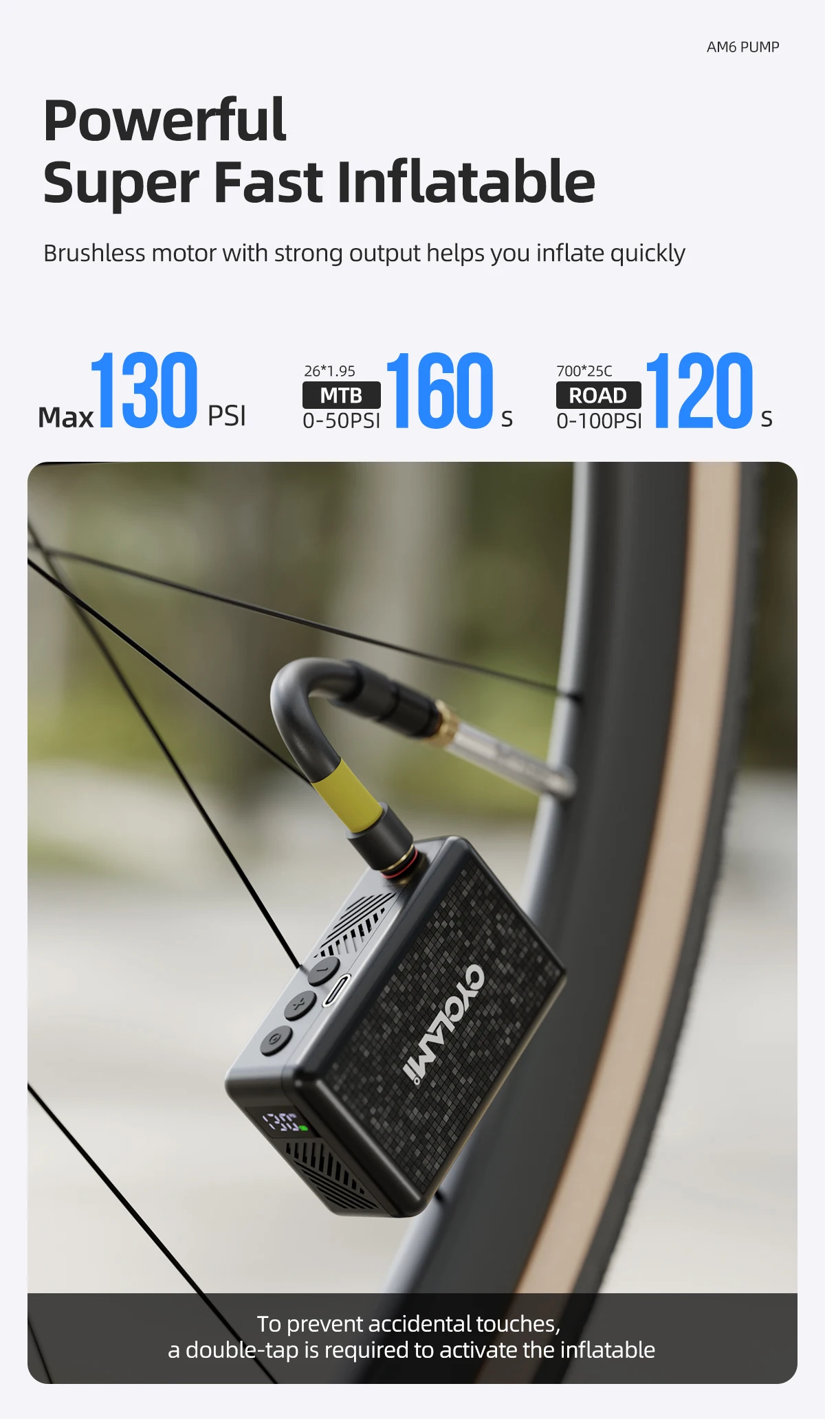 130 PSI CYCLAMI AM6 Tragbare elektrische Taschen-Inflatorpumpe, individuelle Reifendruckanzeige, 9-Bar-Reifenfüller, MTB, Rennrad, FV AV – Detail 3
