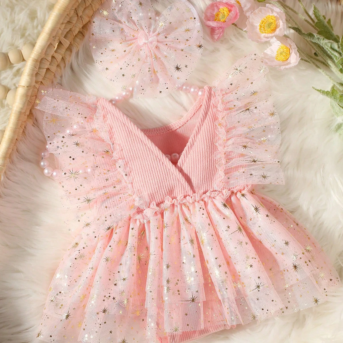 Ylsteed Violet Newborn Outfit for Pictures Knitted Infant Photography Romper with Matching Headbands Mesh Dress Portrait Props
