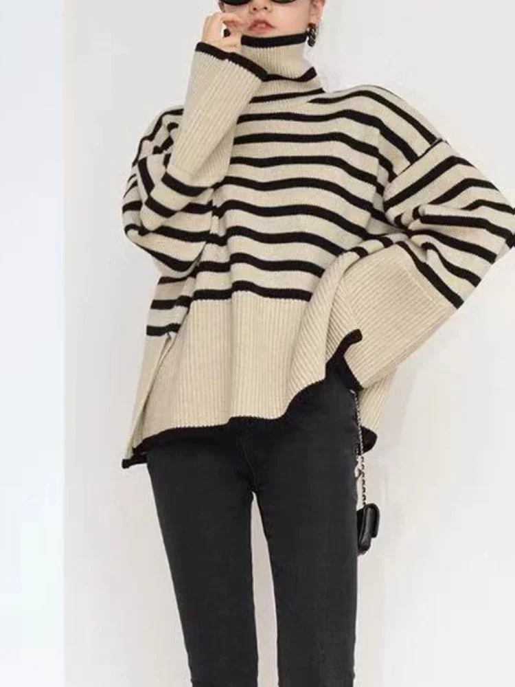 

Street Wear Loose Top Women Pullover Female Jumper Long Sleeve Turtleneck Knitted Ribbed Sweaters Black and White Stripe Sweater