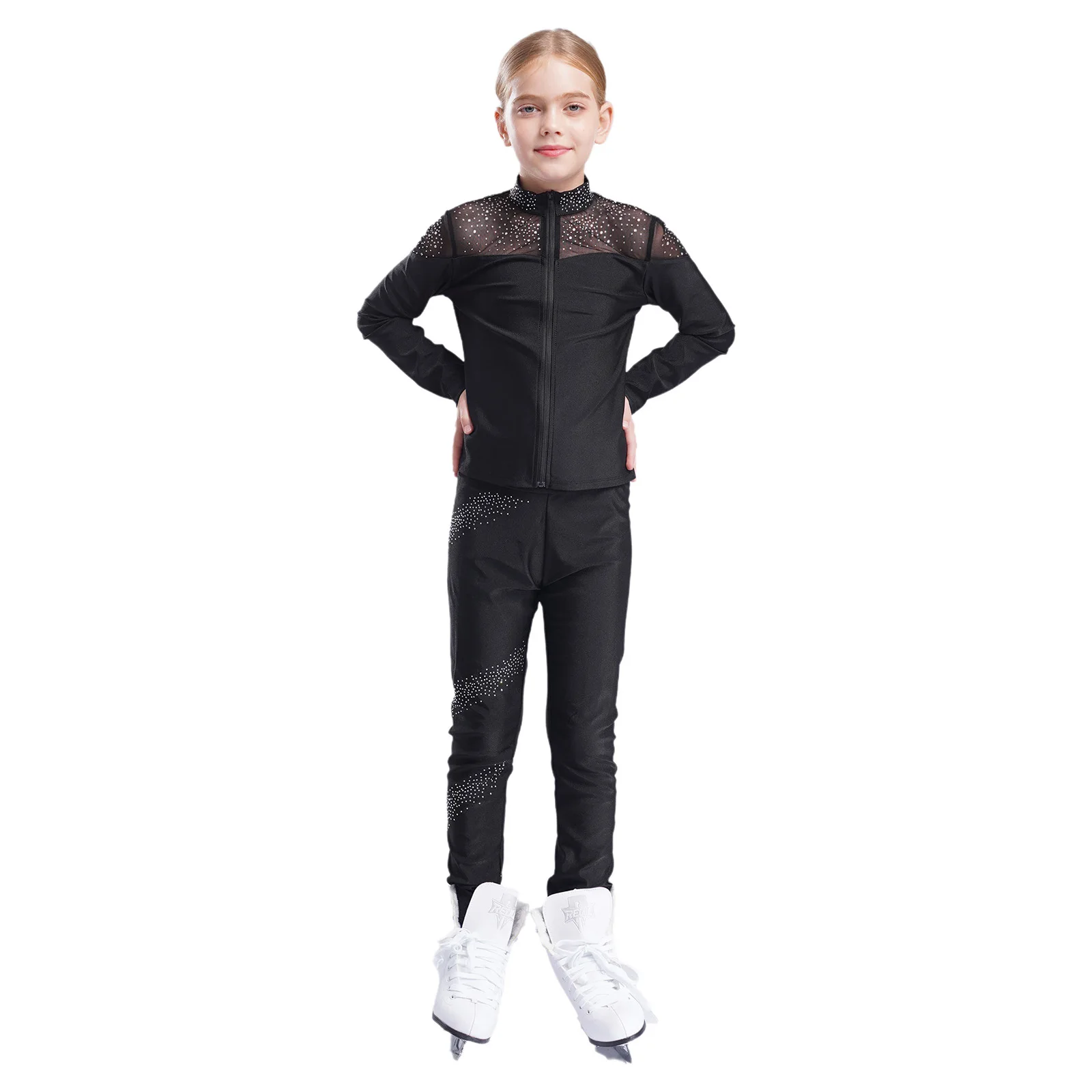 Kids Girls Figure Skating Costume Rhinestones Mesh Patchwork Jacket Long Sleeve Zipper Sweatshirt+Tank Top Vest+Leggings Pants