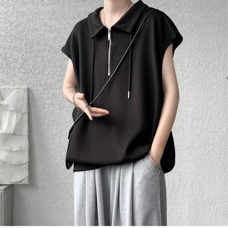 Sleeveless Tshirt Men Turn-down Collar Tanks Drawstring Vest Summer Simple Breathable Teenager Fashion Sleeveless Casual Tops