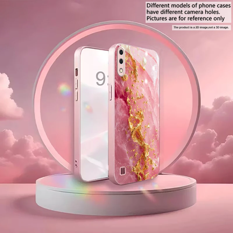 Peach blossom gold foil Pink Metallic Glass Phone Case For Samsung A33/A34/A36/A42/A50/A51/A52/A53/A54/A55/A56/A70/A71/A72 Cover