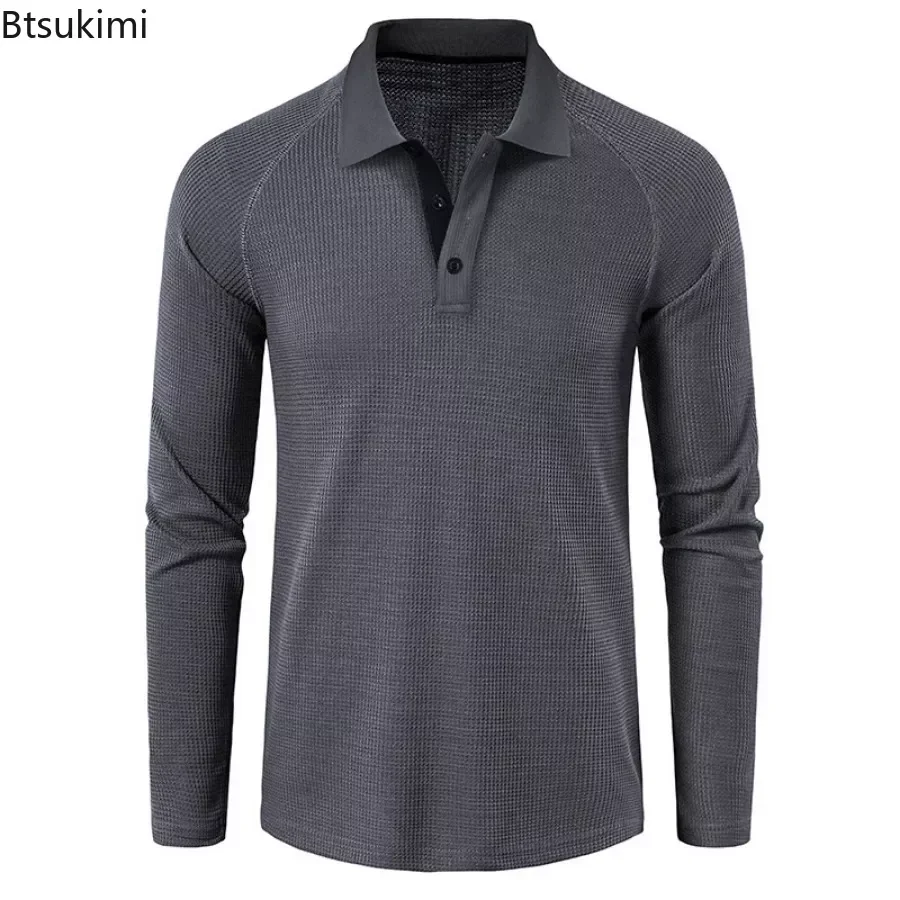 Polo de manga larga para hombre, camisetas informales de gofres, camisetas formales de Golf de negocios, Tops transpirables, camisetas versátiles sólidas para hombre, 2024