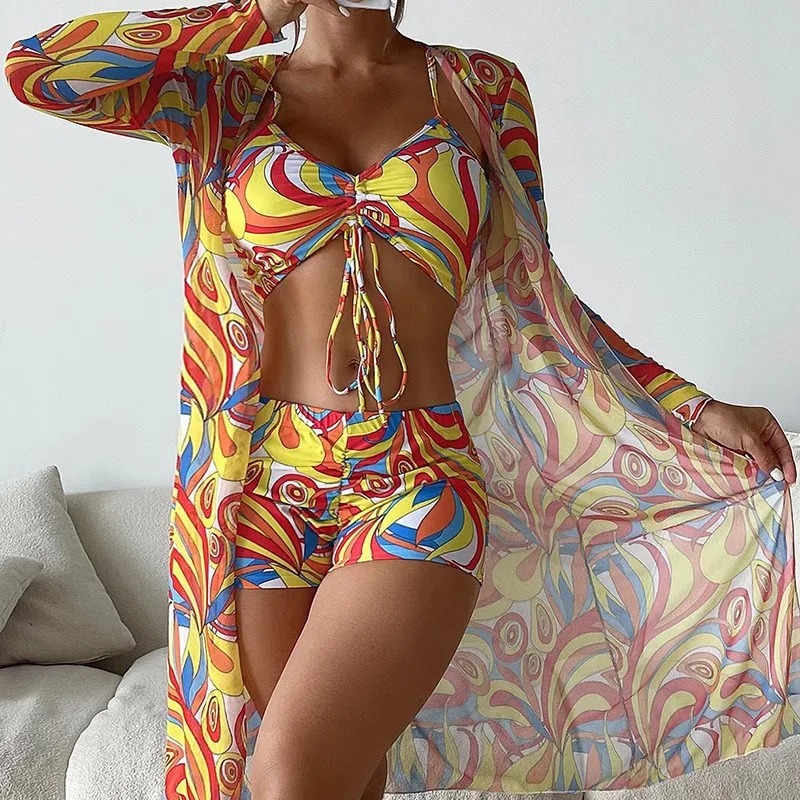 Damski 3-częściowy zestaw odzieży Split Bikini Mesh Długi luźny kardigan Cover Up Biustonosz Szorty Spodnie z nadrukiem