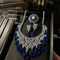 2023 Women Extravagant diamond water drops royal blue necklace bridal stud earrings