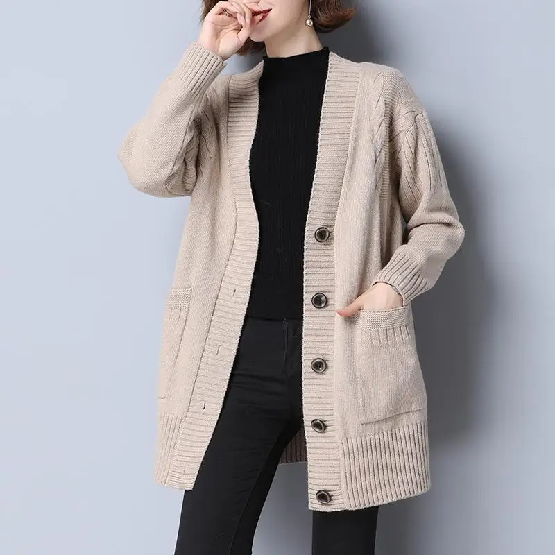 Autumn Winter Long All-match Fashion Women Sweater Coat Pockets Button Long Sleeve V-Neck Warm Loose Solid Casual Knit Cardigans