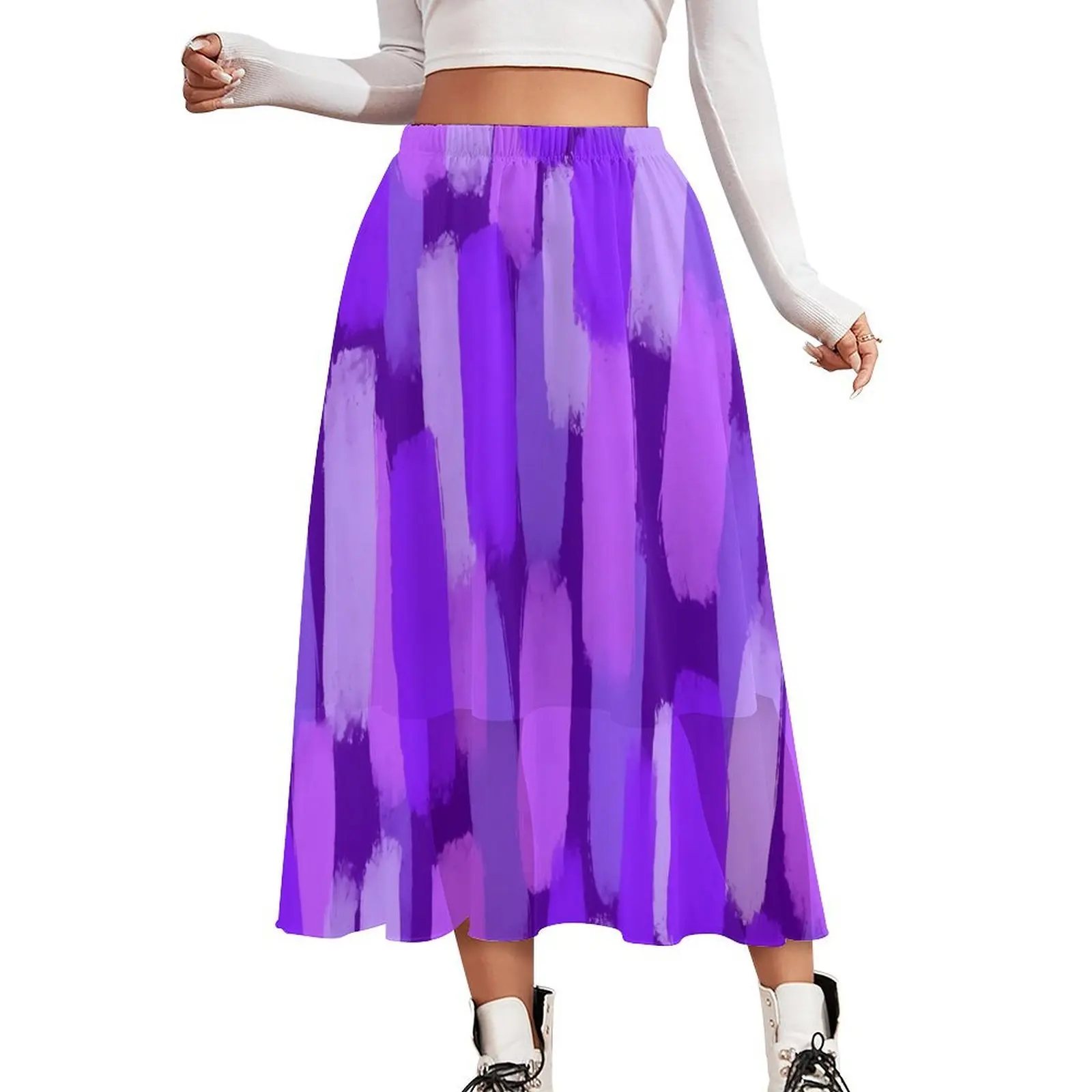 Purple Paint Brush Skirt Ladies Abstract Art Modern Long Skirts Print Elastic Waist Street Wear A-line Skirt Large Size