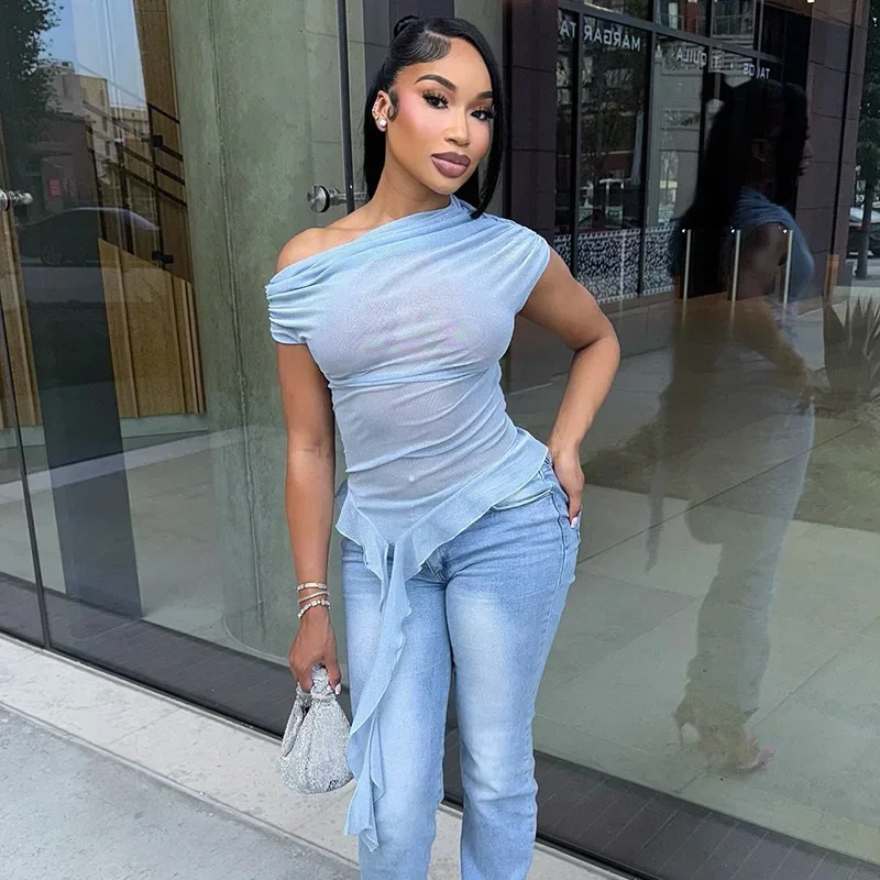 

Summer 2025 New Women's Cross-Border Design Sensation See-Through Mesh Fabric Slope Shoulder Lace Trim Top Women's T-shirt