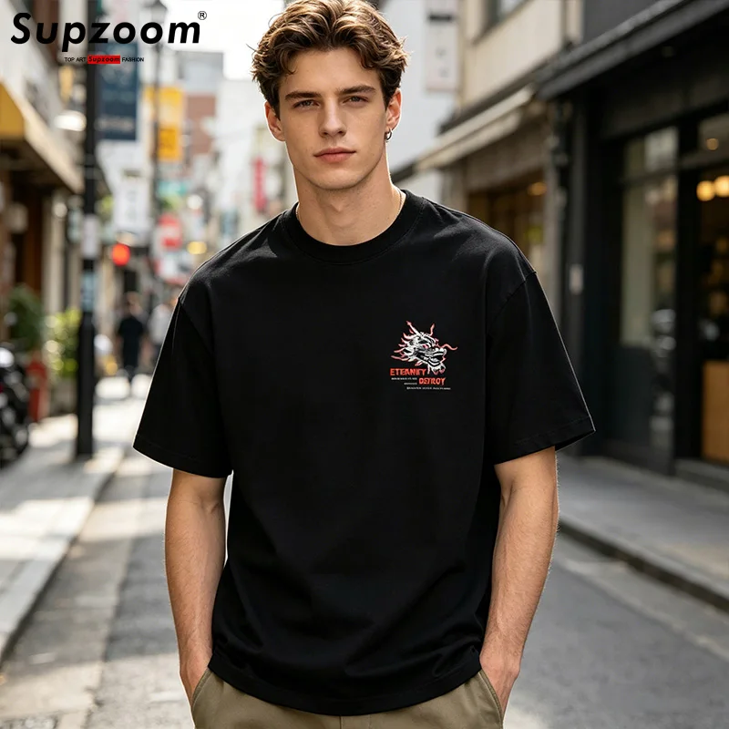 Supzoom 2026 New Arrival Top Fashion Knitted Cotton Casual Dragon Print T Shirt Tshirt Homme Hip Hop Short Sleeve O-neck