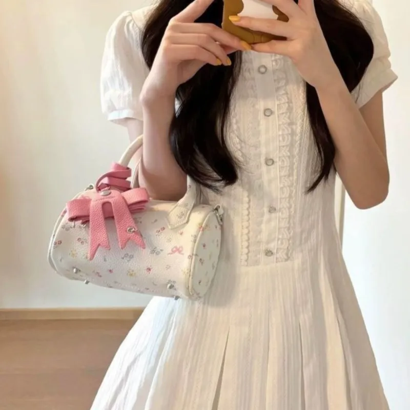 

Sweet Cute Floral Boston Handbag Women Pebbled Leather Bow Cylinder Bag Shoulder Bag Ladies Beige Compact Harajuku Crossbody Bag