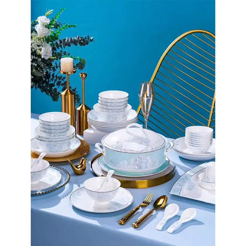 Bowl Household 2024 New Jingdezhen Light Luxury Bone China Tableware Set Dish Set Household Household Moving New Residence Bowls