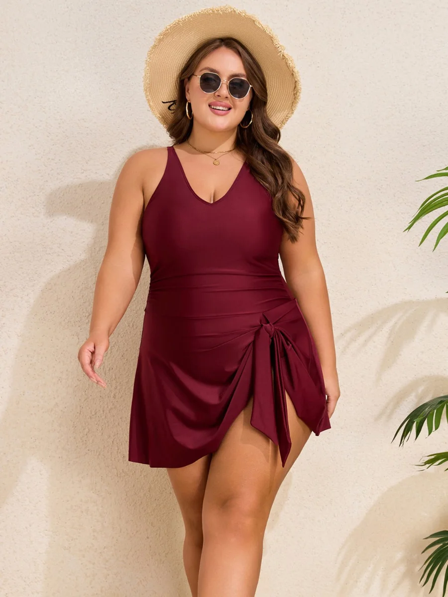 Plus Size One Piece Swimsuit Women Tummy Control Swim Dress V Neck Tie Side Skirted Bathing Suit Beachwear 2026 Swimwear