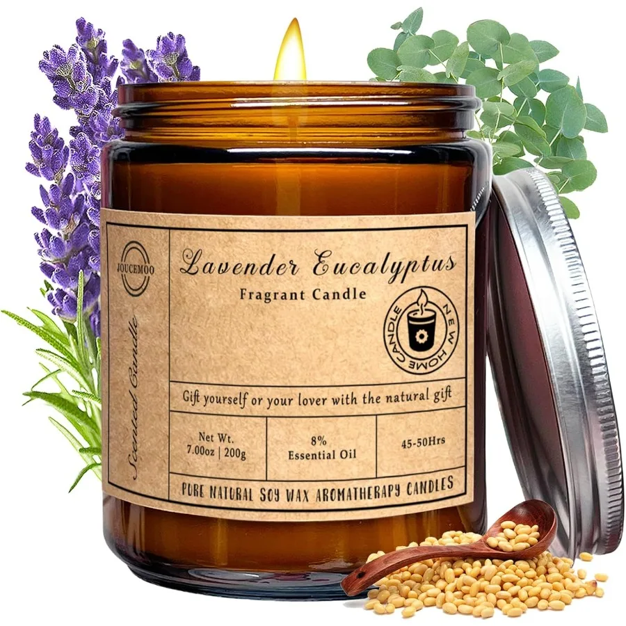 Velas perfumadas para ambiente doméstico Velas de aromaterapia de cera de soja de eucalipto de lavanda de 7 oz para aliviar el estrés y relajar NonToxi