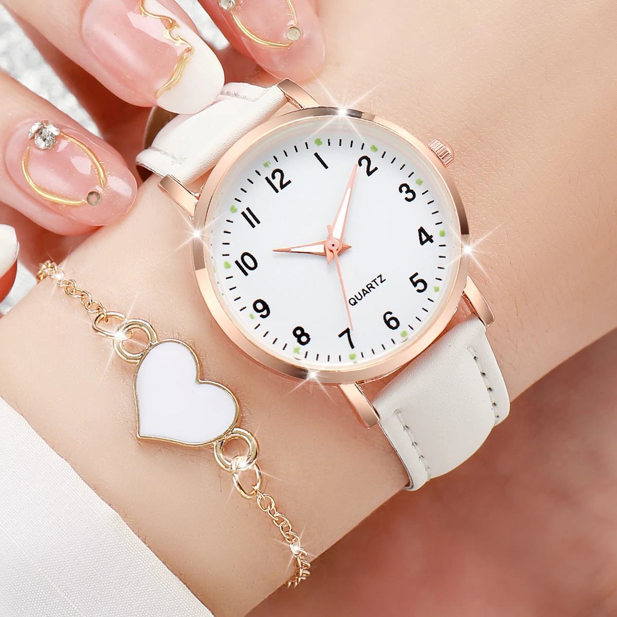 4/6PCS Fashion Leather Strap Women Quartz Watches Set Ladies Arabic Dial Wristwatch With Heart Bracelet Reloj Mujer(Without Box) image 3