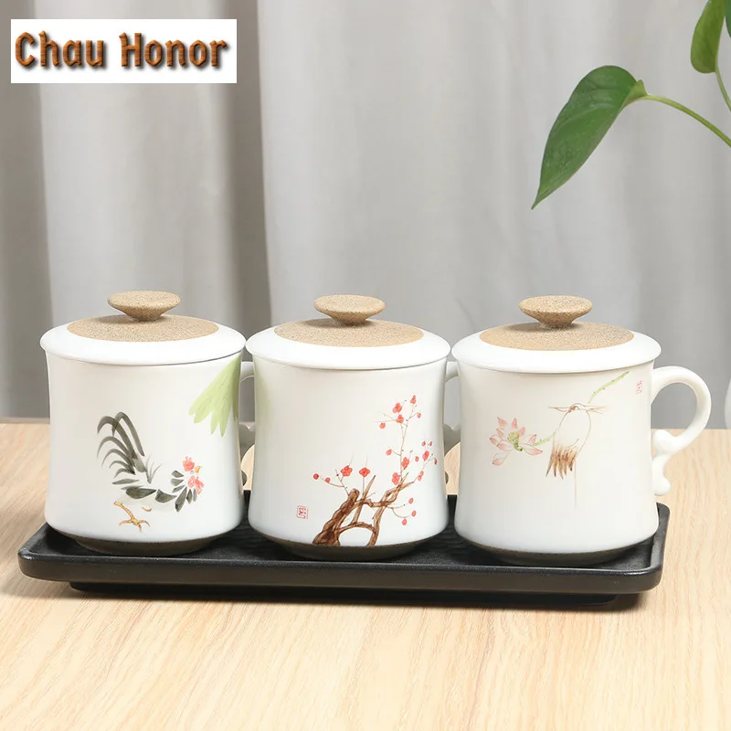 Chinese Hand Painted Lotus Ceramic Teacups With Lid And Filter Office Work Mug Coffee Mug Water Jug Coffee Mug Couple Drinkware