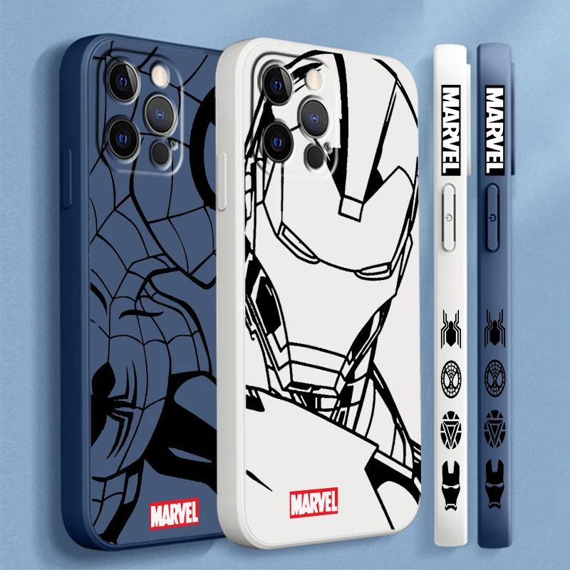 Marvel SpiderMan casing ponsel cair, tali kiri Seni Iron Man untuk Apple iPhone 15 14 13 12 11 XS XR X 8 7 SE Pro Max Plus Mini TPU