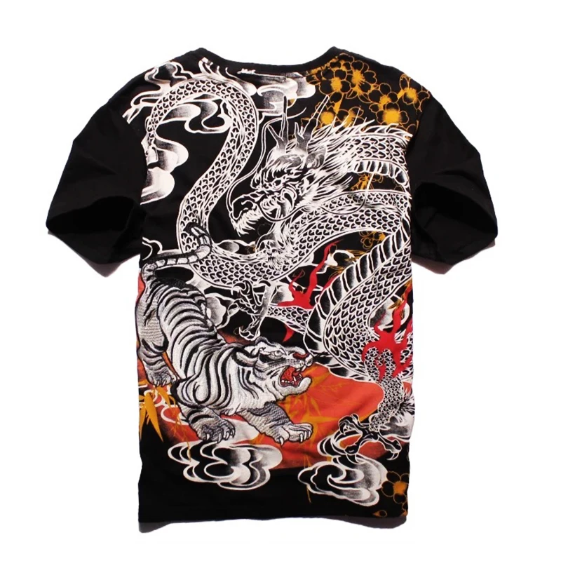 Lyprerazy Japanese Harajuku Ukiyoe Vintage Embroidered T-shirt Men Brother Dragon Tiger Embroidery Chinese Style Tee Shirt