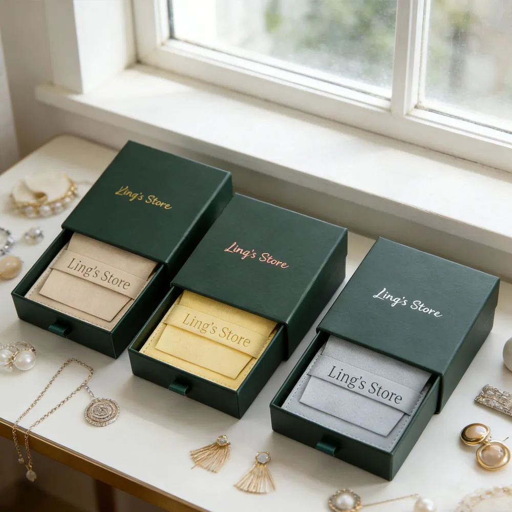 

Custom Jewelry Bag and Drawer Box Set 9x9x2.5cm Paper Case Inside with 8x8cm Microfiber Pouch for Wedding Ring Earring Display