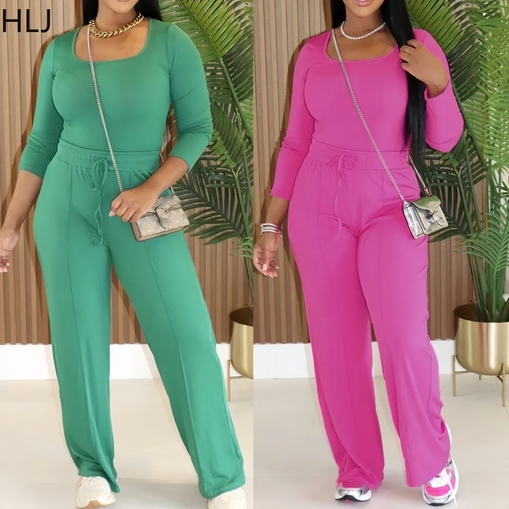 

HLJ Casual Two Piece Outfits Woman Outfits Solid Color Long Sleeves Crop Top and Drawstring Patchwork Pants Female Streetwear