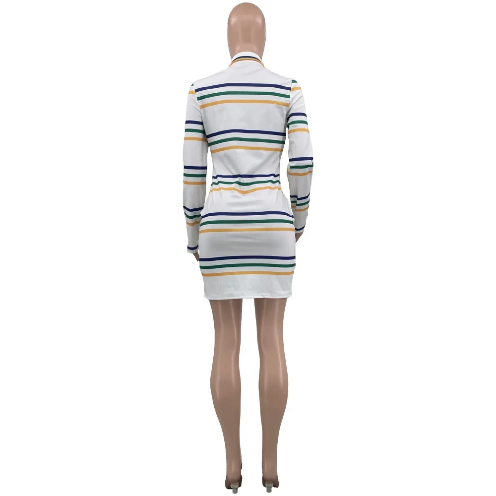 جديد إمرأة كم طويل مخطط طباعة أنيق جيب شريط طباعة بولو كم طويل تنورة قصيرة عادية تي شيرت نمط فساتين صغيرة