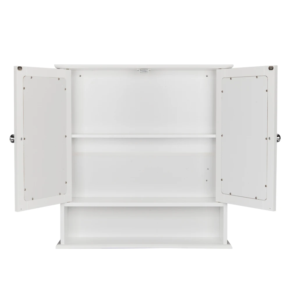 Double Door Mirror Indoor Bathroom Wall Mounted Cabinet Shelf White