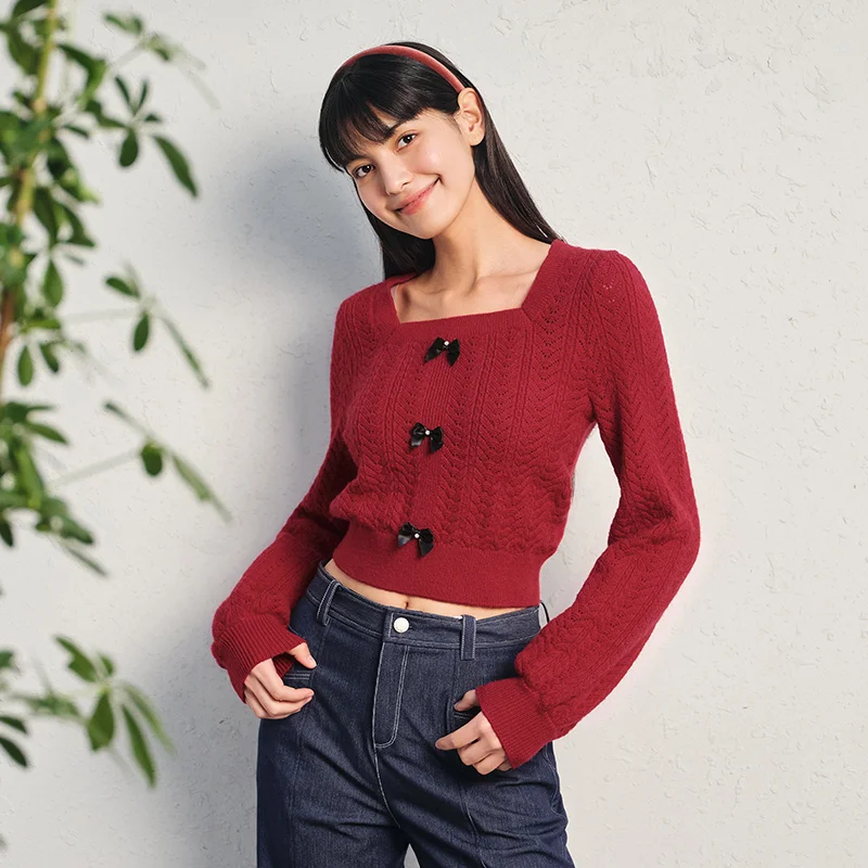 Semir 2024 Sweater Women Short Square Neck Bow Sweet Girly Spring New Gentle Slim Textured Top