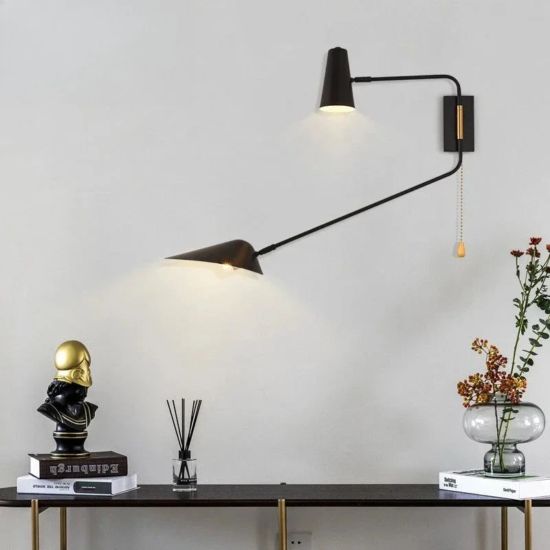 Industrial Copper Long Pole Swing Arm Wall Lamps with Pull Switch Double Head LED E27 Gold/Black/White Wall Mounted Bedroom Sofa