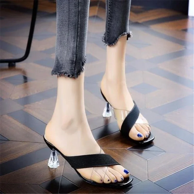 Comemore 2023 Female Slippers Women Fashion High Heels Transparent Medium Heel Elegant Summer Sandals for Girls Women\'s Shoes 34