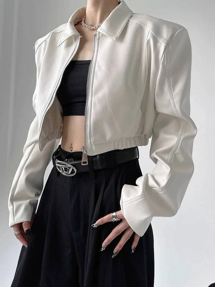 Y2k Black New PU Leather Jacket Cropped Jacket Long-sleeved Top Motorcycle Jackets Design Loose Streetwear Coat Trendy Vintage