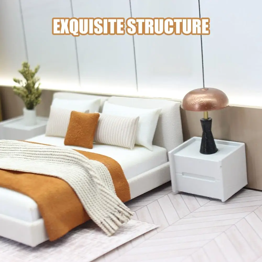 Cama doble y ropa de cama en miniatura para dormitorio, muebles de estilo crema, decoración en miniatura O6m3