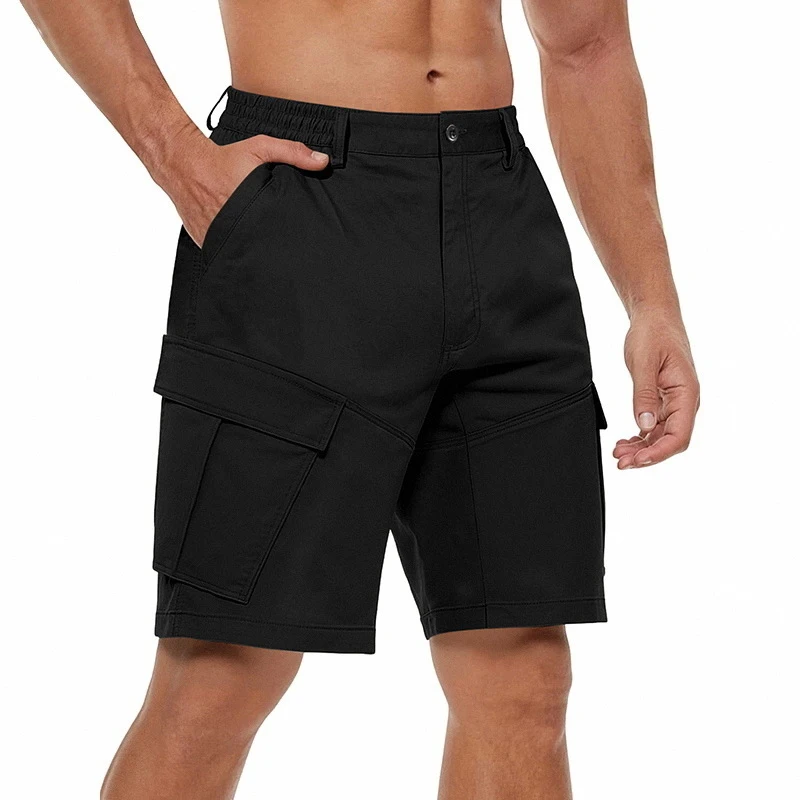 American summer multi-pocket cargo shorts, men's elastic waist loose fit, heavyweight, versatile for outdoor sports and daily co