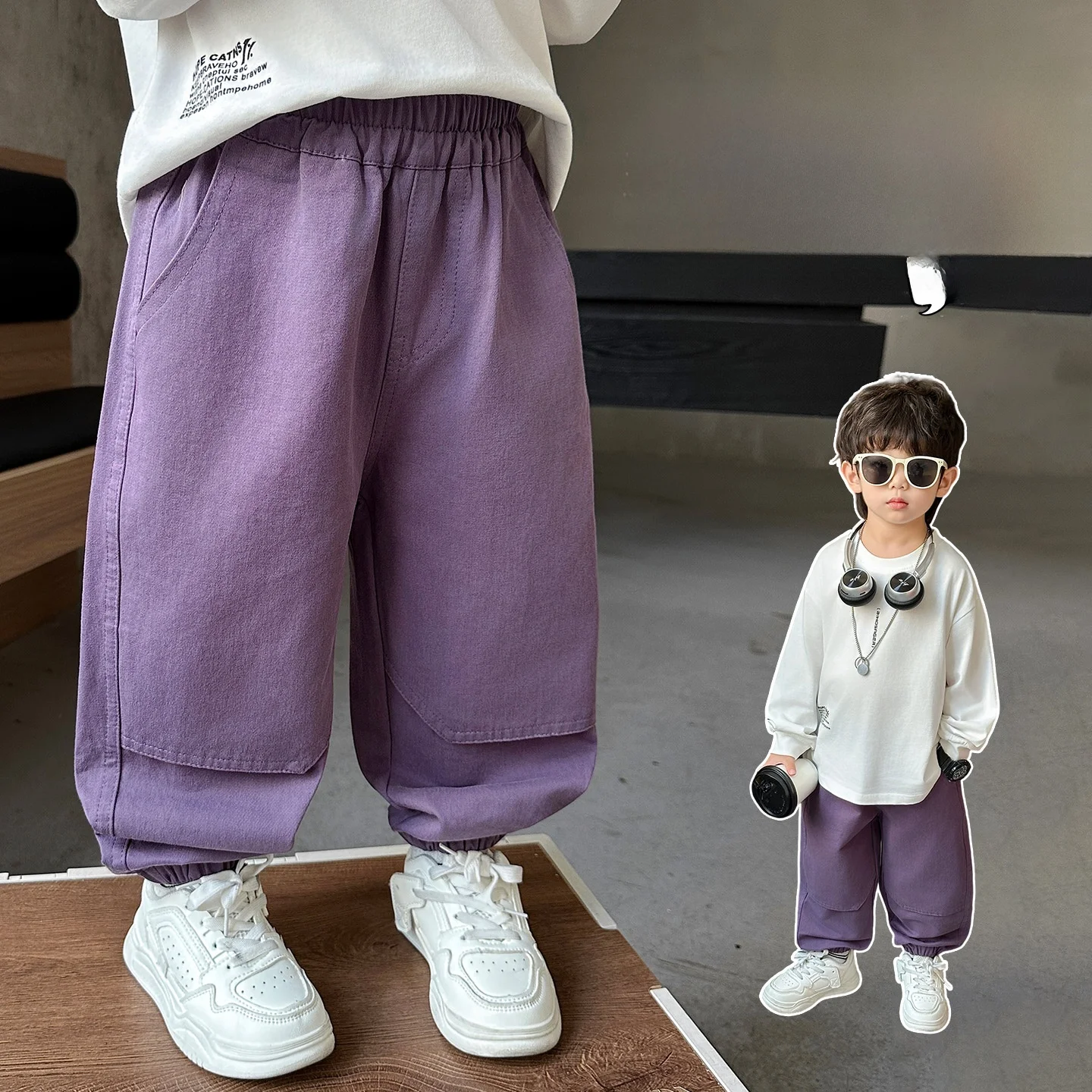 

Boys' Faionable Casual Purple Work Pants Autumn Spring Loose Cuffed Long Pants Youthful Energy Sle Straight Leg Cotton Blend