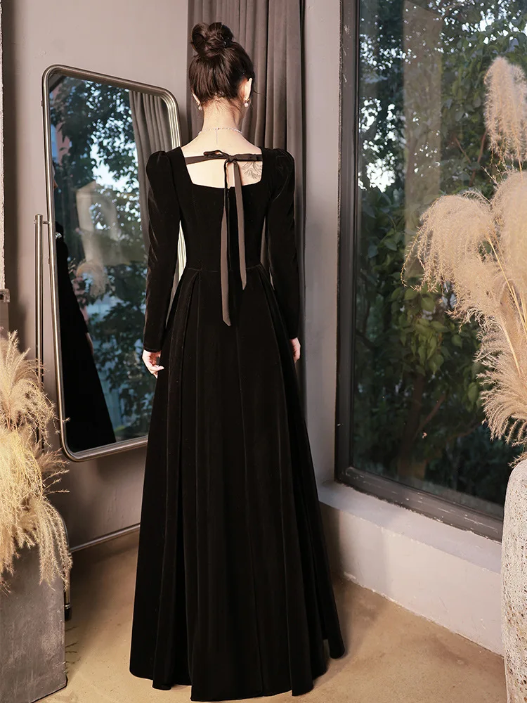 Autumn Winter Black Evening Dress Women Elegant  Luxury Velvet Long Sleeve A-line Party Dresses French Beadding Prom Gown