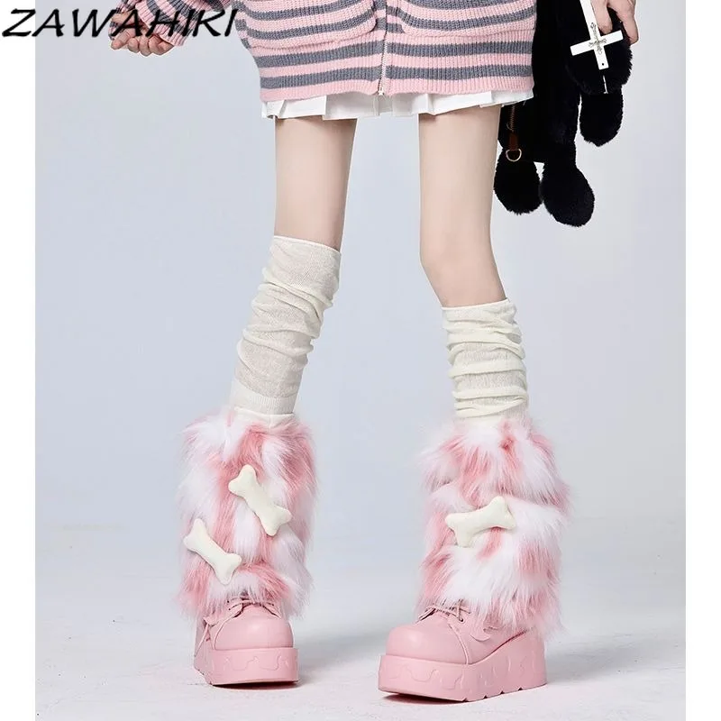 Pink Fur Leg Covers for Women Contrast Color Keep Warm Pile Socks Cute Toy Bone Patchwork Leg Warmers Elegant Y2k Legwarmers