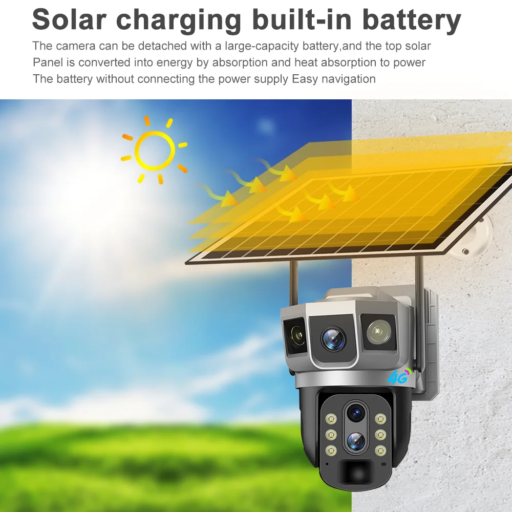 ZC1-Industrial 10 X Optical Zoom hd Dual Lens Triple Screen Solar Camera Color Night Vision Motion Detection 4g Sim Card CCTV